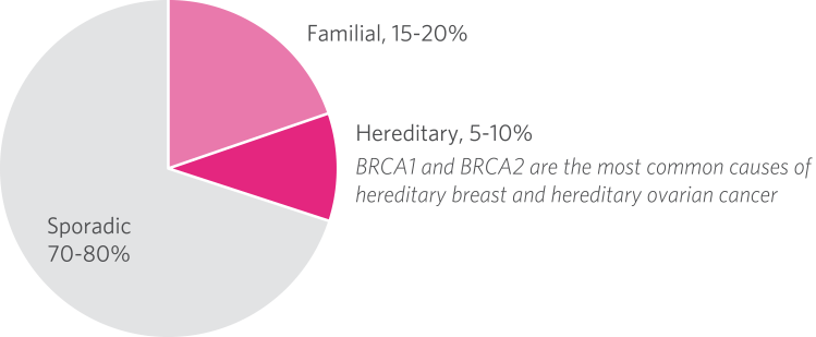 Sporadic, Familial, Hereditary Breast Cancer Breakdown pie chart